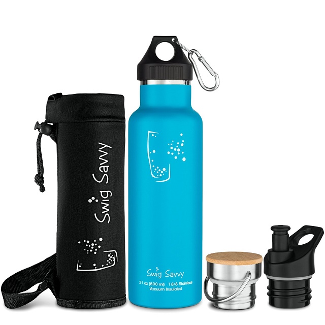 Swig Savvy's Stainless Steel Vacuum Insulated Water Bottle, Double Wall Design,Standard Mouth - with 3 Interchangeable Caps - Including Water Bottle Pouch